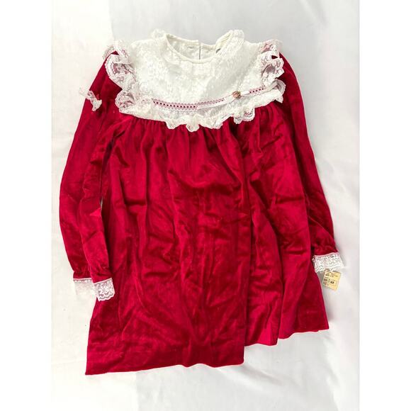 Vintage Red Velvet Lace Trim Holiday Party Dress USA Long Sleeve - Girls 6x NEW - Picture 7 of 10